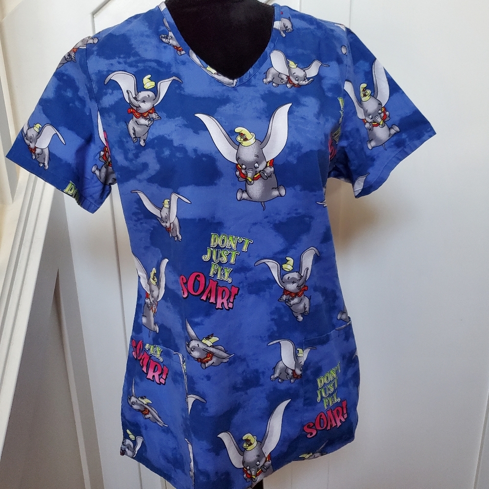 Dumbo print blue scrubs top nurses uniform